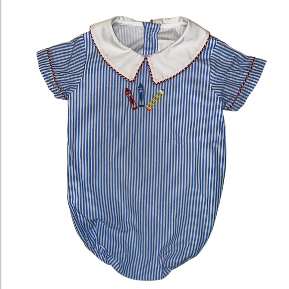 The Proper Peony Other - EUC The Proper Peony blue stripe school theme bubble romper 18mo